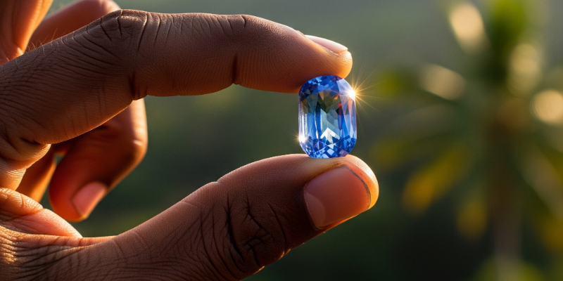 Sri Lankan hand holding glowing cornflower blue Ceylon sapphire in sunlight, Ratnapura gem mining, tropical greenery, authentic, high-end, craftsmanship, natural